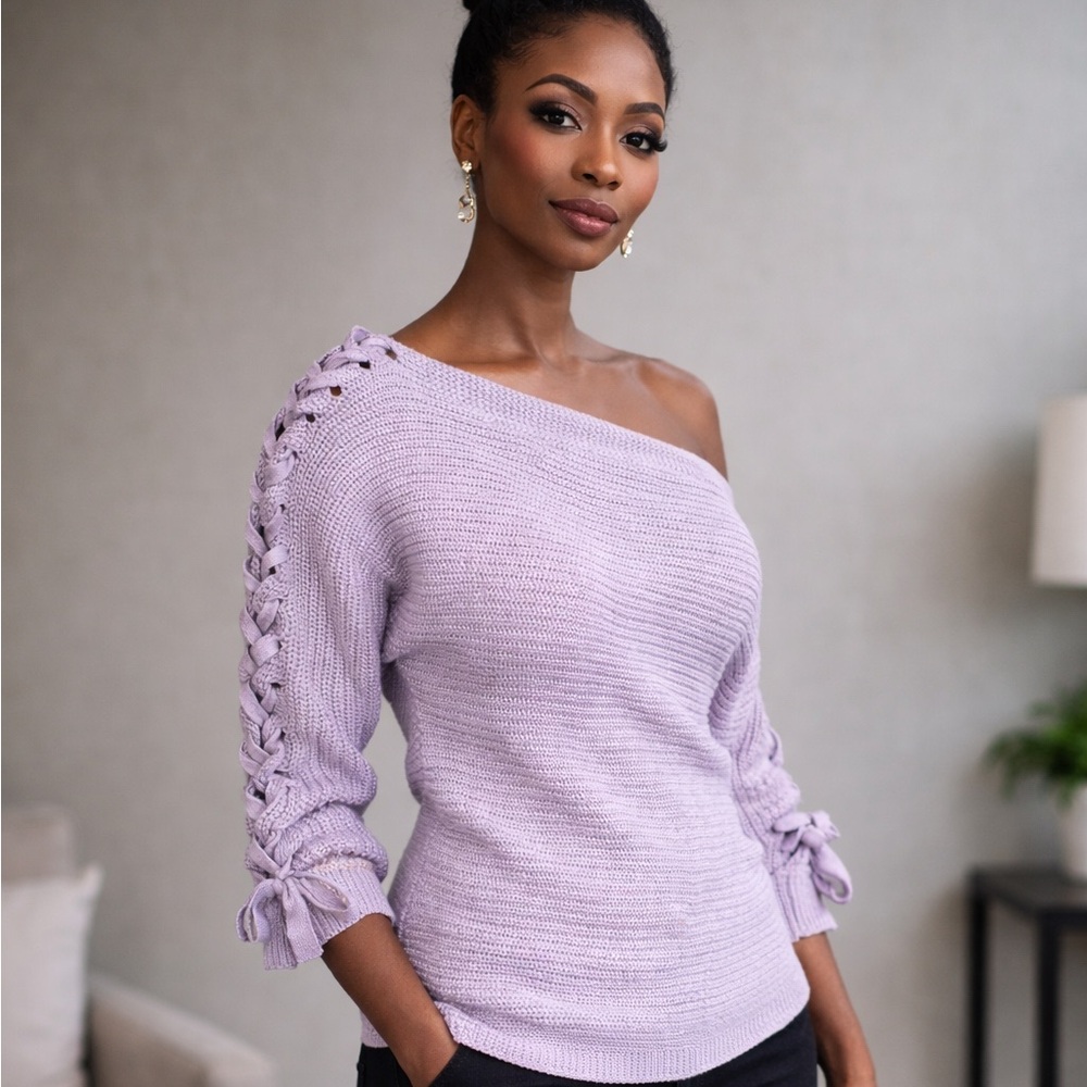 &Merci Mohair Blend Sweater Off The Shoulder Knit Oversized S/M Lace-Up Sleeves